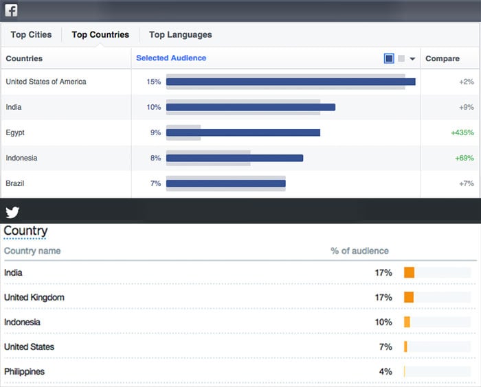Facebook and Twitter Audience Insights showing the top locations for the community
