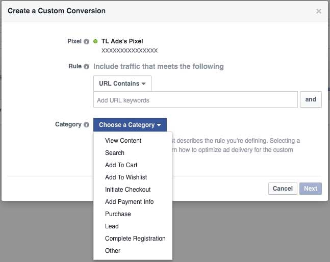 The dialog for creating a Custom Conversion for the Facebook Pixel