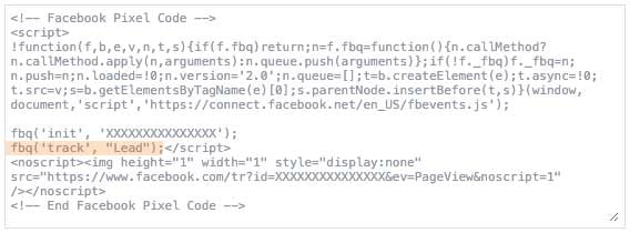 The Facebook Pixel code snippet with only the Lead standard event 