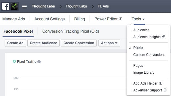 The Pixels view in the Facebook Ad Manager