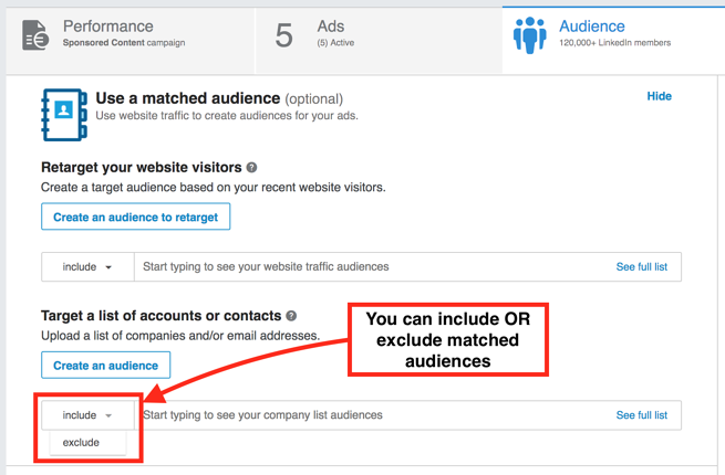 LinkedIn matched audiences include/exclude audience options