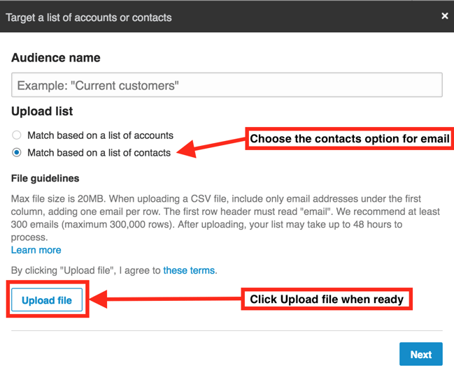 LinkedIn matched audiences popup dialog to choose contacts or accounts