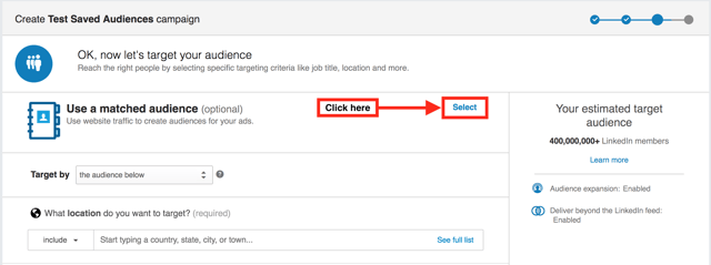 Selecting a matched audience from within a LinkedIn advertising campaign