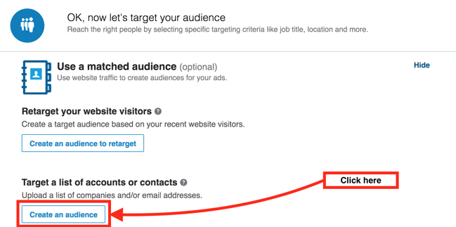 create an audience button within a LinkedIn advertising campaign
