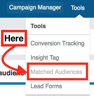 LinkedIn matched audiences top navigation menu