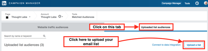 LinkedIn matched audiences upload list audiences tab