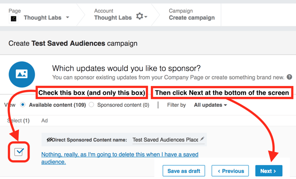 How to select an ad campaign for which to build a saved audience in LinkedIn