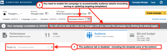 Turning a LinkedIn campaign back on to access the Audience tab