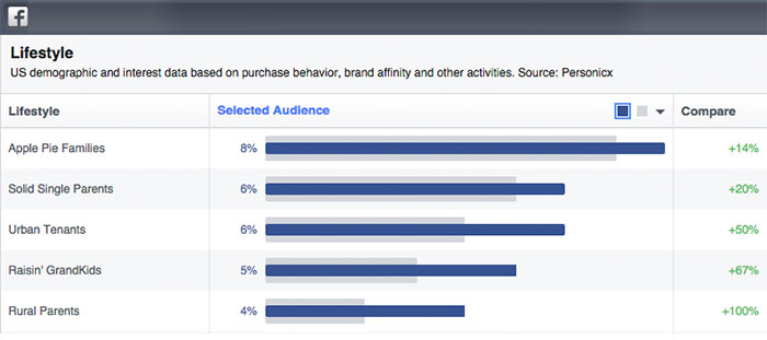 Facebook and Twitter Audience Insights showing the top segments for the community