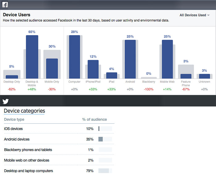 Facebook and Twitter Audience Insights showing how members of the community connect to the social network